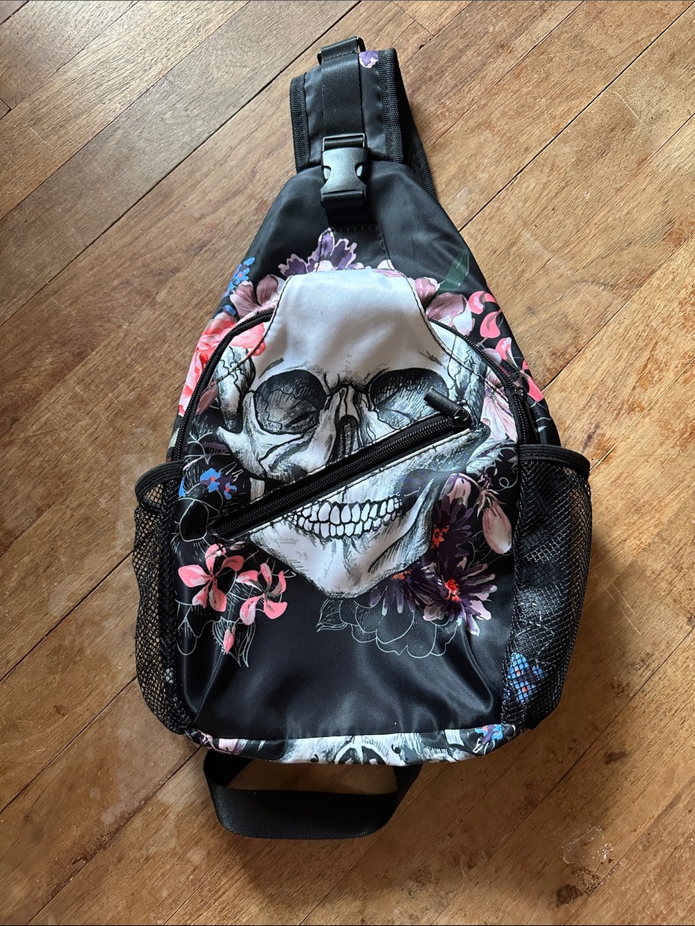 Skull Floral Black Sling Crossbody Bag